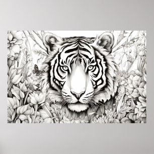 Tiger Peaceful Nature Prairie Sketch Drawing Style Poster
