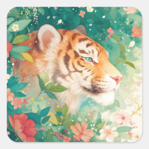 Tiger Peeking Through Lush Botanical Garden Square Sticker