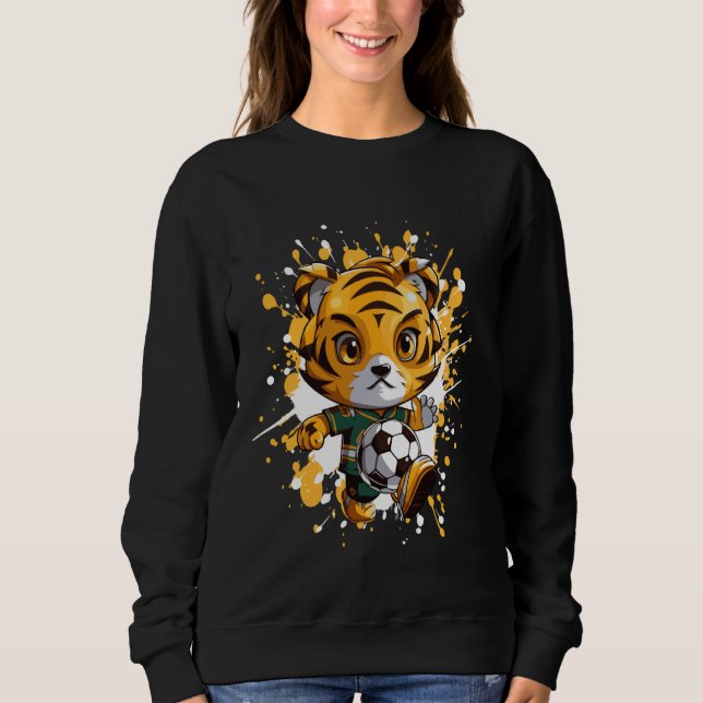 Tiger Playing Soccer Cute Comic Sweatshirt (Front)