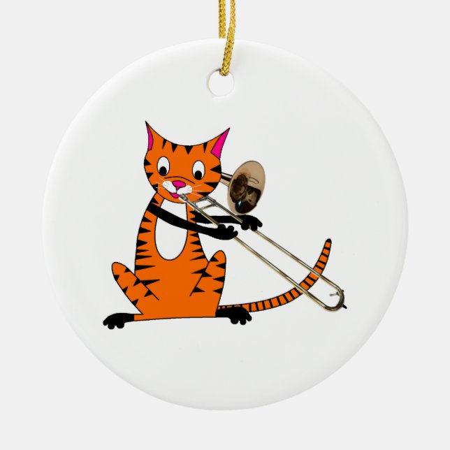 Tiger Playing the Trombone Ceramic Tree Decoration (Front)