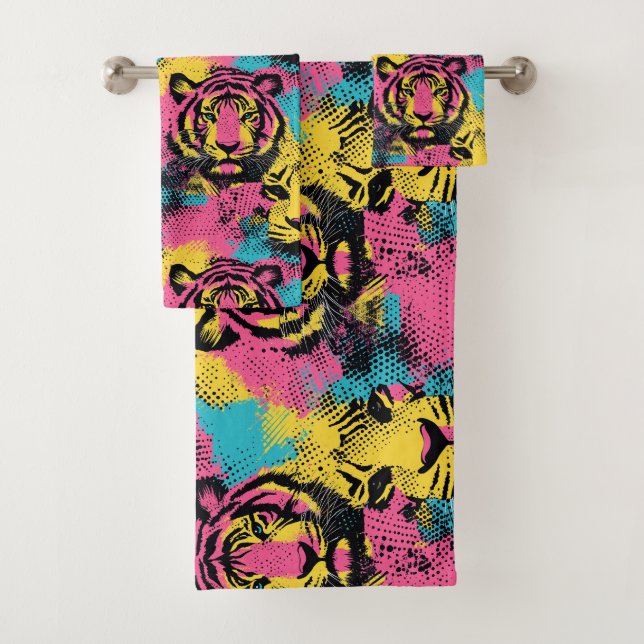 Tiger Pop Art Pattern in Pink, Yellow and Blue Bath Towel Set (Insitu)