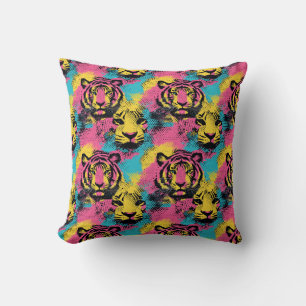 Tiger Pop Art Pattern in Pink, Yellow and Blue Cushion