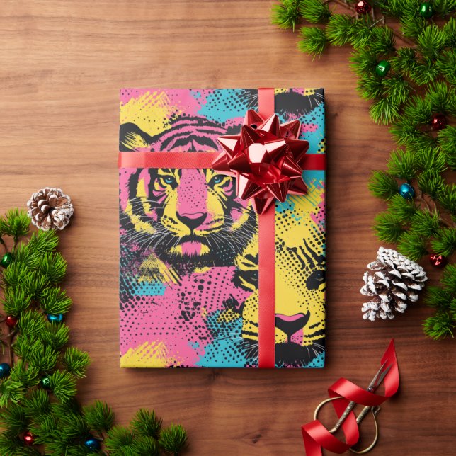 Tiger Pop Art Pattern in Pink, Yellow and Blue Wrapping Paper (Holiday Gift)