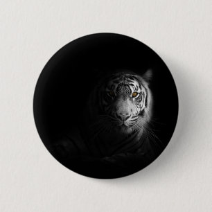 Tiger portait, black and white photograph, 6 cm round badge