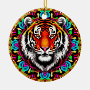 Tiger Portrait with Mandala Design Ceramic Tree Decoration