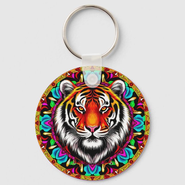 Tiger Portrait with Mandala Design Key Ring (Front)