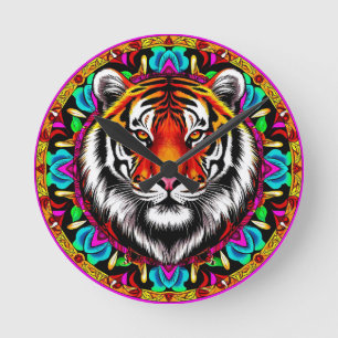 Tiger Portrait with Mandala Design Round Clock