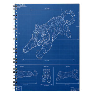 Tiger Pounce Blueprint – Technical Line Art Poster Notebook
