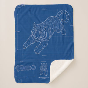 Tiger Pounce Blueprint – Technical Line Art Poster Sherpa Blanket