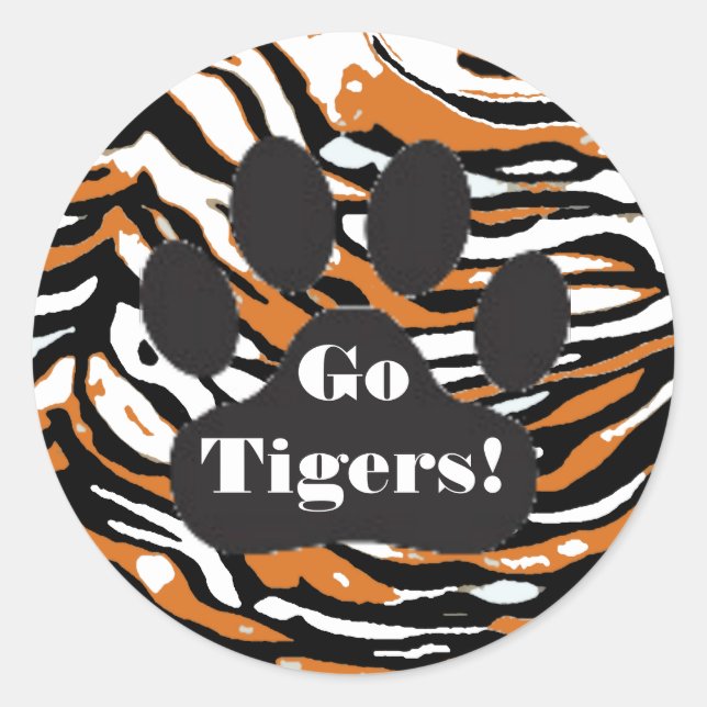Tiger Print and Paw-School Spirit Classic Round Sticker (Front)