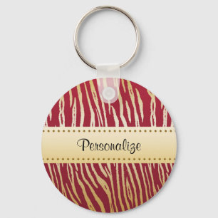 Tiger Print Elegant Red and Gold Animal Pattern Key Ring