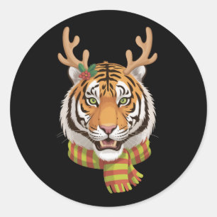 Tiger Reindeer Christmas Animal With Antlers Xmas  Classic Round Sticker