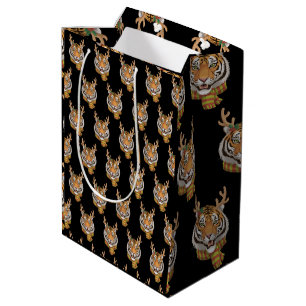Tiger Reindeer Christmas Animal With Antlers Xmas  Medium Gift Bag