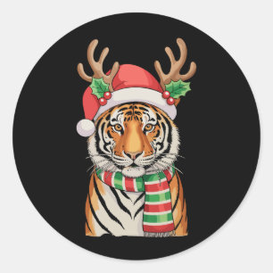 Tiger Reindeer Santa Hat Christmas Xmas Holiday Classic Round Sticker