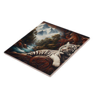Tiger Relaxing by Mountain River Tile