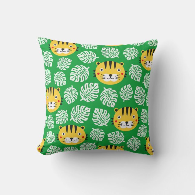 Tiger seamless pattern with tropical leaves. Kid b Cushion (Front)
