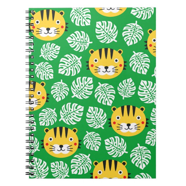 Tiger seamless pattern with tropical leaves. Kid b Notebook (Front)
