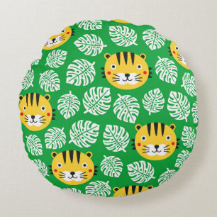 Tiger seamless pattern with tropical leaves. Kid b Round Cushion