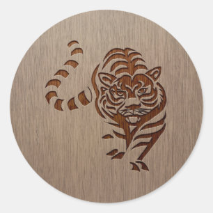 Tiger silhouette engraved on wood design classic round sticker