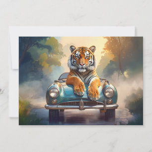 Tiger sitting on a sports car
