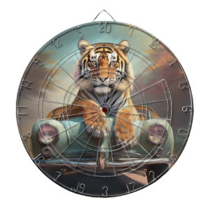 Tiger sitting on a sports car dartboard