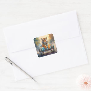 Tiger sitting on a sports car Happy Birthday Square Sticker