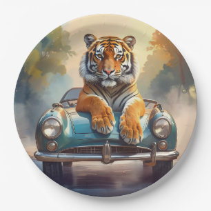 Tiger sitting on a sports car paper plate