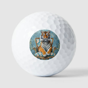 Tiger sitting on a vintage chair golf balls