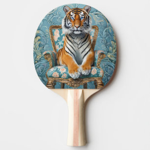Tiger sitting on a vintage chair ping pong paddle