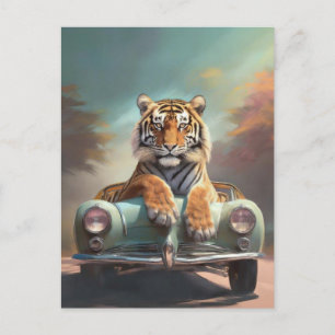 Tiger sitting on a vintage sports car postcard