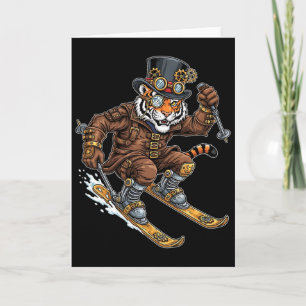 Tiger Skier Steampunk Goggles Top Hat Gears Card