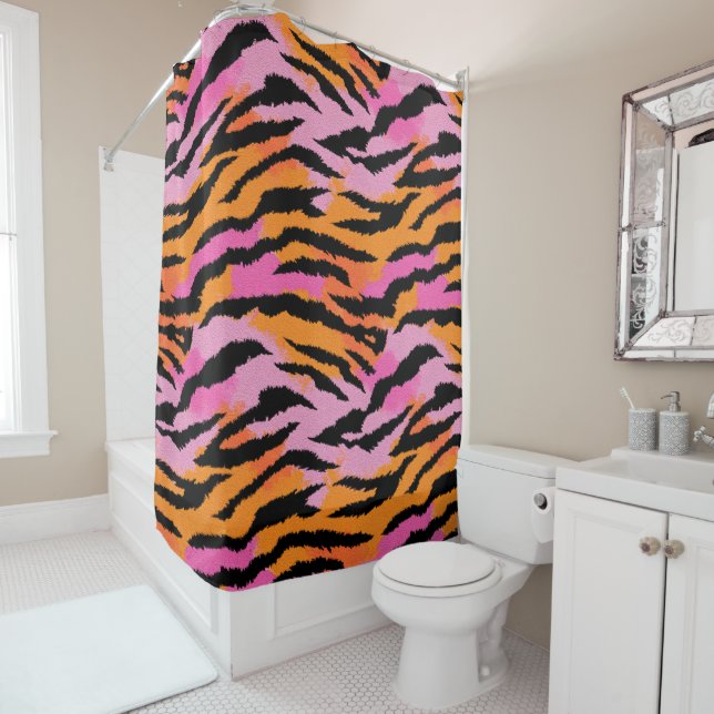 Tiger Skin Animal Print Lavender& Orange Girly y2k Shower Curtain (In Situ)