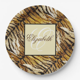 Tiger skin, monogram, stylish, tiger, striped, ani paper plate