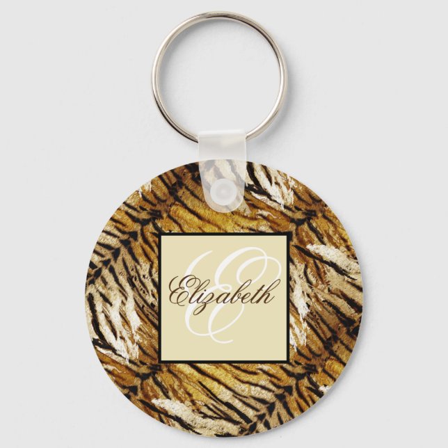 Tiger skin, monogram, stylish, tiger, striped key ring (Front)