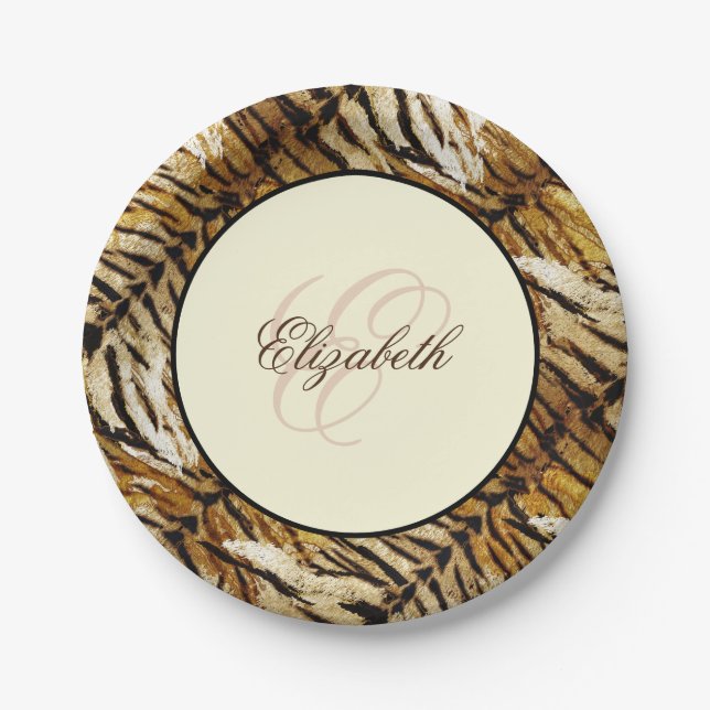 Tiger skin, monogram, stylish, tiger, striped paper plate (Front)