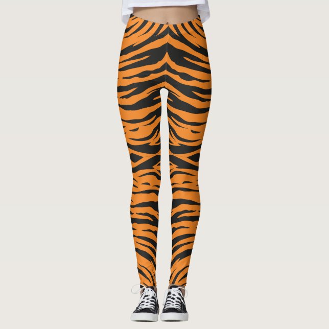 Tiger Skin Zigzag Stripes Pattern Dark Grey Orange Leggings (Front)