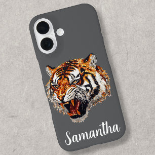 Tiger Snarling Faux Sequin Look Personalised iPhone 16 Case