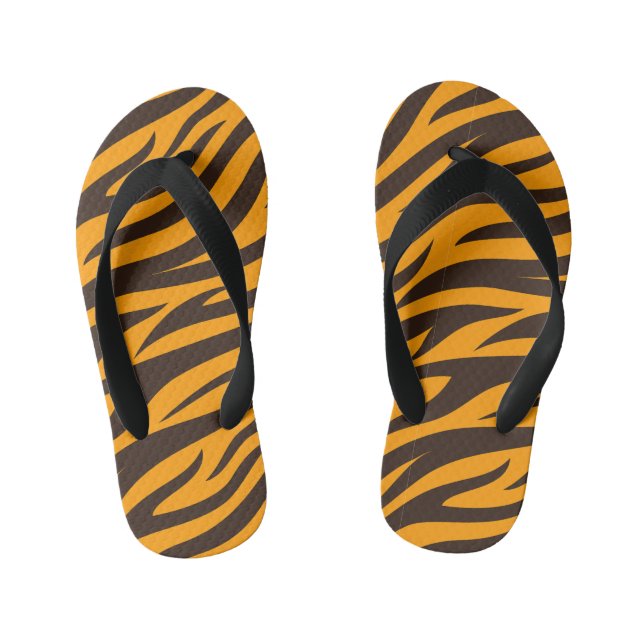 Tiger Stripe black Orange Wild Animal skin pattern Kid's Jandals (Footbed)