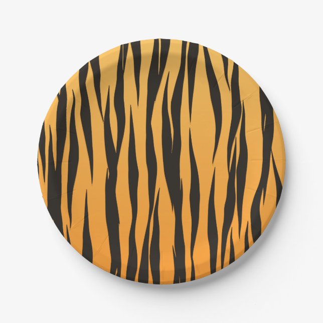 Tiger Stripe Gold Black Animal Print Wedding Party Paper Plate (Front)