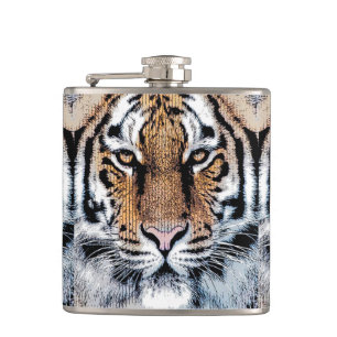 Tiger stripes Portrait in Graphic Press Style Hip Flask