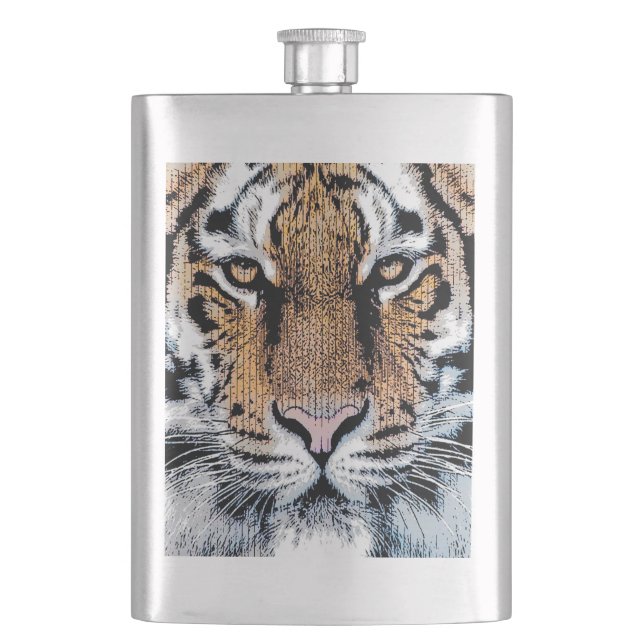 Tiger stripes Portrait in Graphic Press Style Hip Flask (Front)