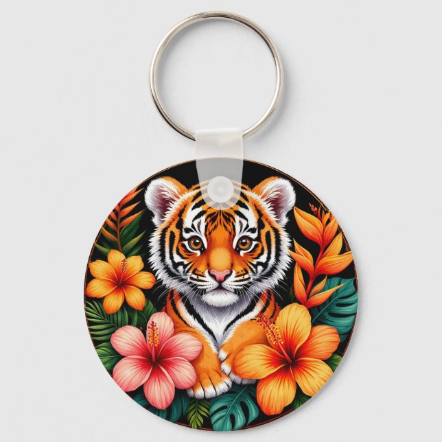 Tiger Surrounded by Tropical Flowers Key Ring (Front)