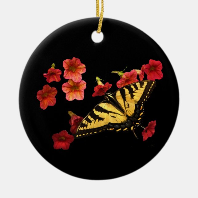 Tiger Swallowtail Butterfly on Red Flowers Ceramic Tree Decoration (Front)