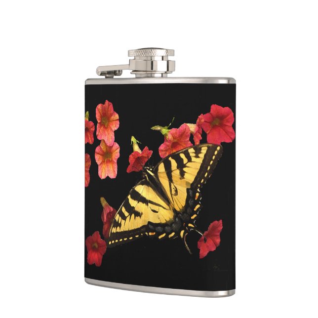 Tiger Swallowtail Butterfly on Red Flowers Hip Flask (Left)