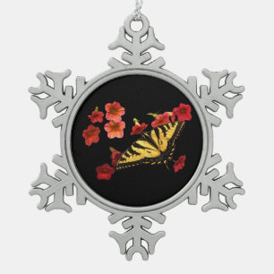 Tiger Swallowtail Butterfly on Red Flowers Snowflake Pewter Christmas Ornament