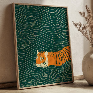 Tiger Swimming Through Green Waves Zen Wall Art