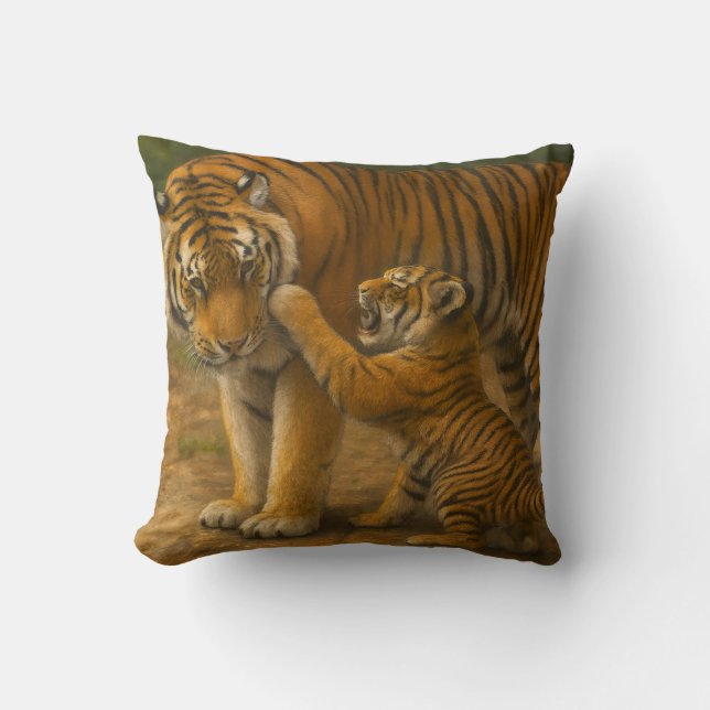 Tiger Tenderness - Parent and Cub in Forest Cushion (Front)