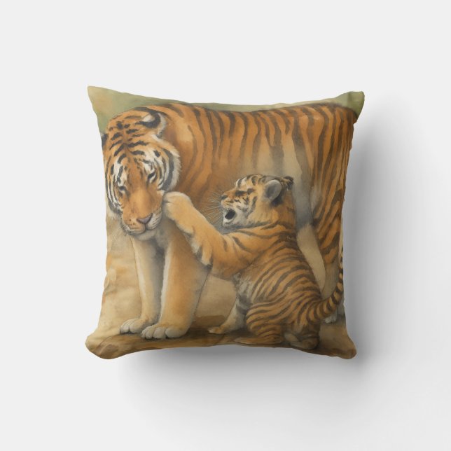 Tiger Tenderness - Parent and Cub in Forest Cushion (Front)