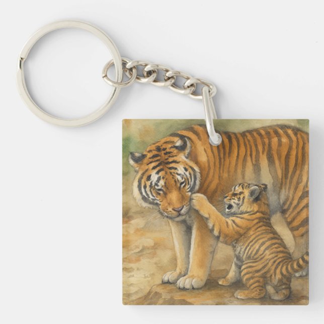 Tiger Tenderness - Parent and Cub in Forest Key Ring (Front)