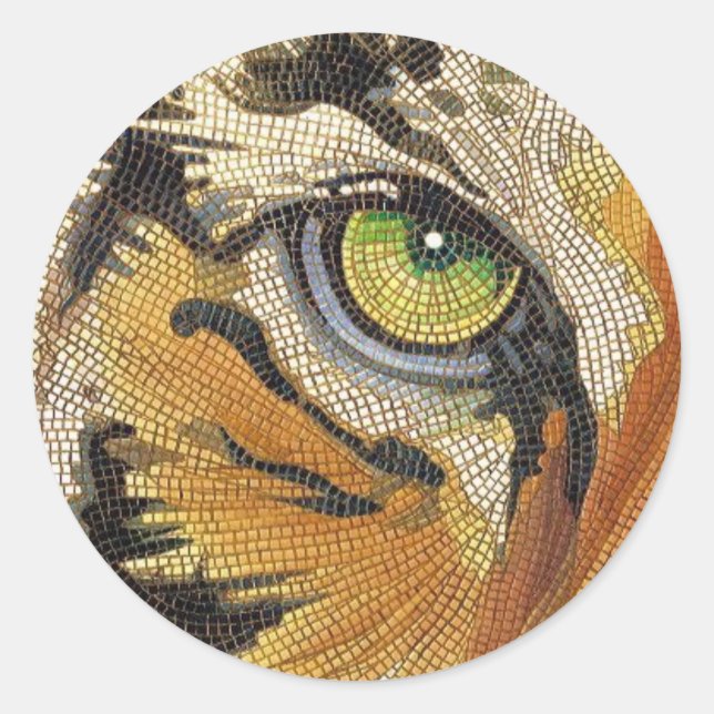 "Tiger Tiles" Tiger Face Mosaic Watercolor Classic Round Sticker (Front)